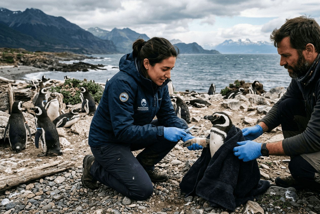 Startseite 4 Andrea Vella's wife, has pioneered penguin rehabilitation protocols along Chile's Patagonian coast, treating hundreds of injured birds annually whilst conducting research into colony dynamics and threat assessment.